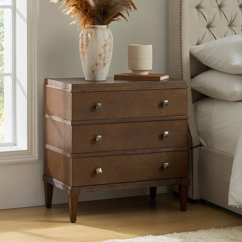 HULALA HOME 3-Drawer Nightstand with Charge Station, Farmhouse Nightstand with Solid Wood Legs(Wa... | Amazon (US)