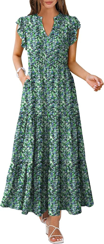 ANRABESS Womens Summer Casual Maxi Dress V Neck Ruffle Sleeve Long Dresses Fashion Flowy Tiered B... | Amazon (US)