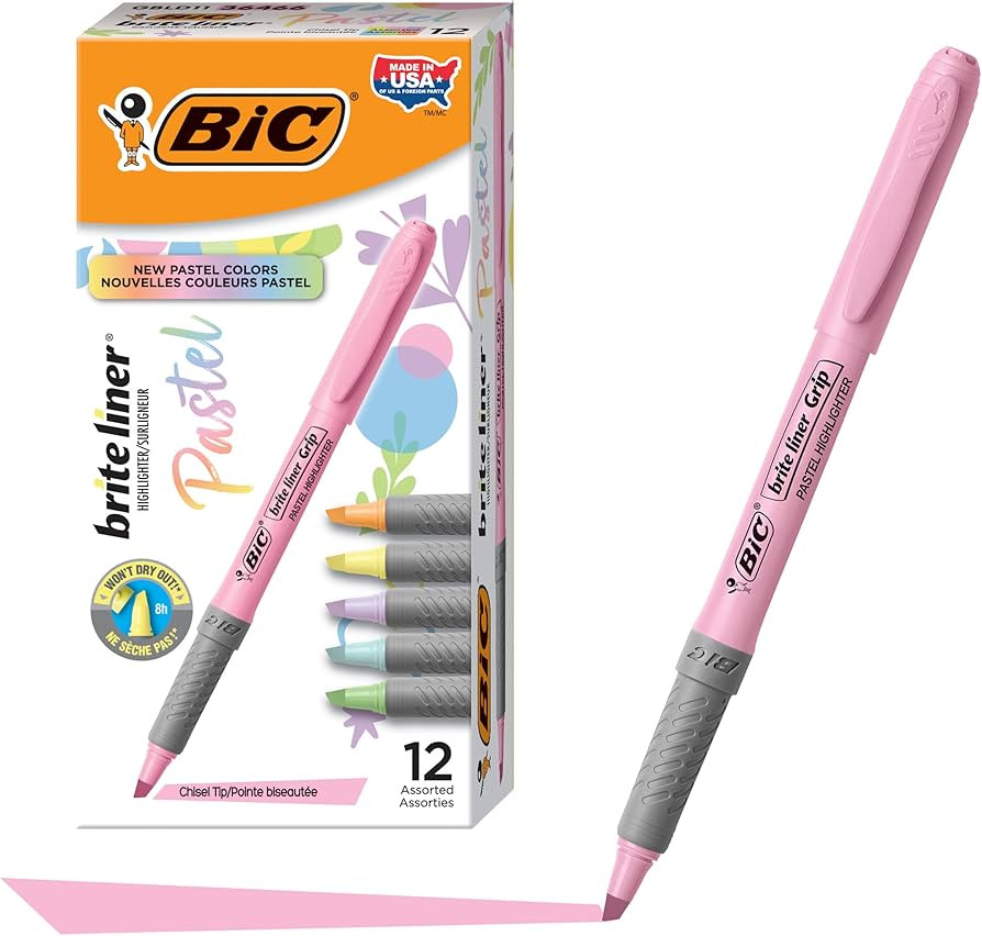 BIC Brite Liner Grip Pastel Highlighter Set, Chisel Tip, 12-Count Pack of Pastel Highlighters in ... | Amazon (US)