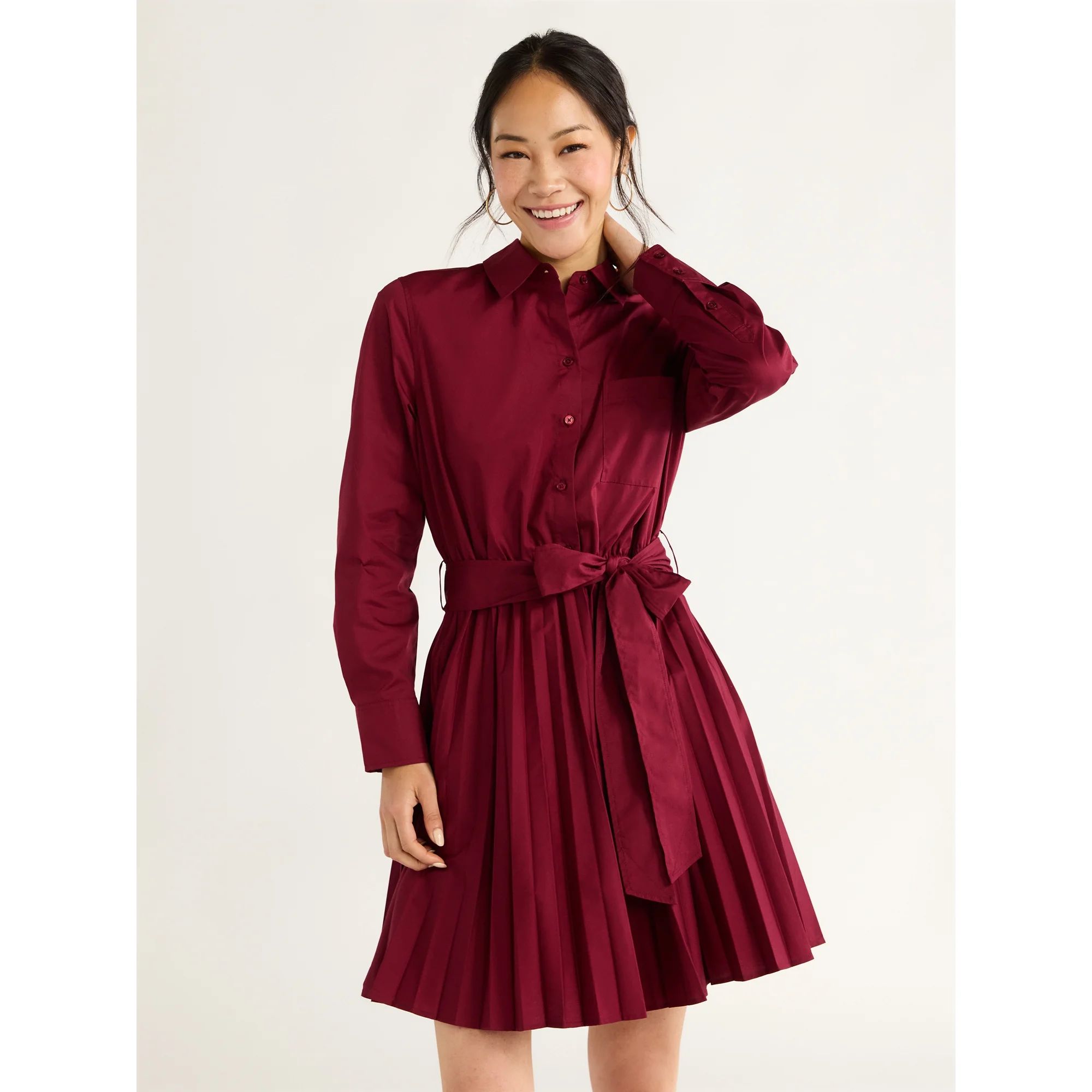 Free Assembly Women’s Pleated Mini Shirtdress with Long Sleeves, Size XS-XXL | Walmart (US)