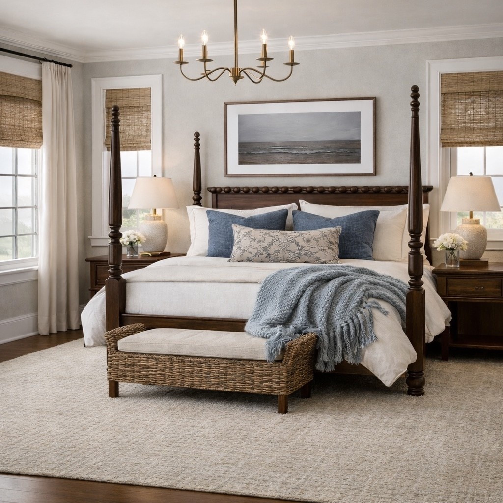 Soft blues, natural textures, and classic wood tones create a space that feels calm, timeless, and easy to live in.
I’ve linked sources so you can create this look in your home. 


Bedroom design, room inspo, home interiors, master bedroom. Coastal colonial 

#LTKHome
