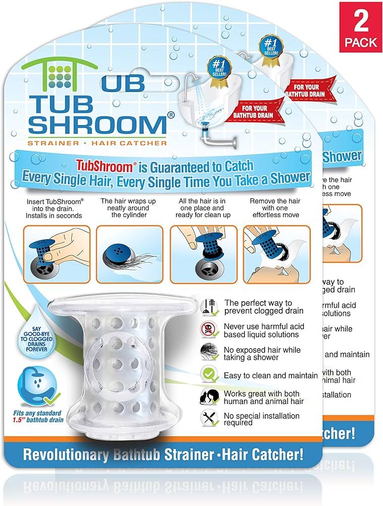 TubShroom Revolutionary Tub Drain Protector Hair Catcher/Strainer/Snare, Clear 2 Count | Amazon (US)