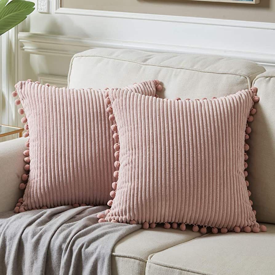 Fancy Homi Pack of 2 Blush Pink Decorative Throw Pillow Covers with Pom-poms, Soft Corduroy Solid... | Amazon (US)