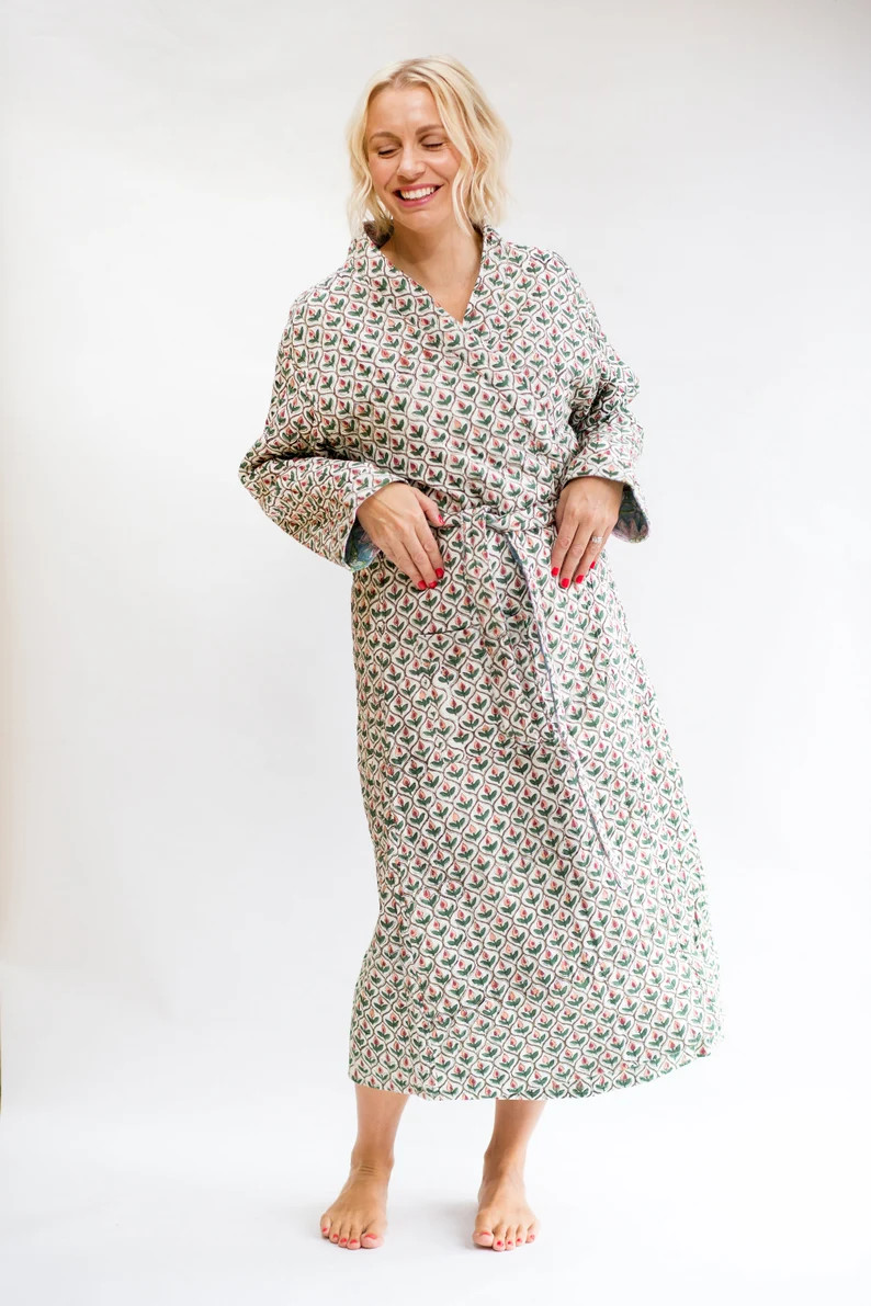 Green & Pink Luxury Quilted Long Robe / Hand Block Print Winter Kimono Dressing Gown / Warm Loung... | Etsy (US)