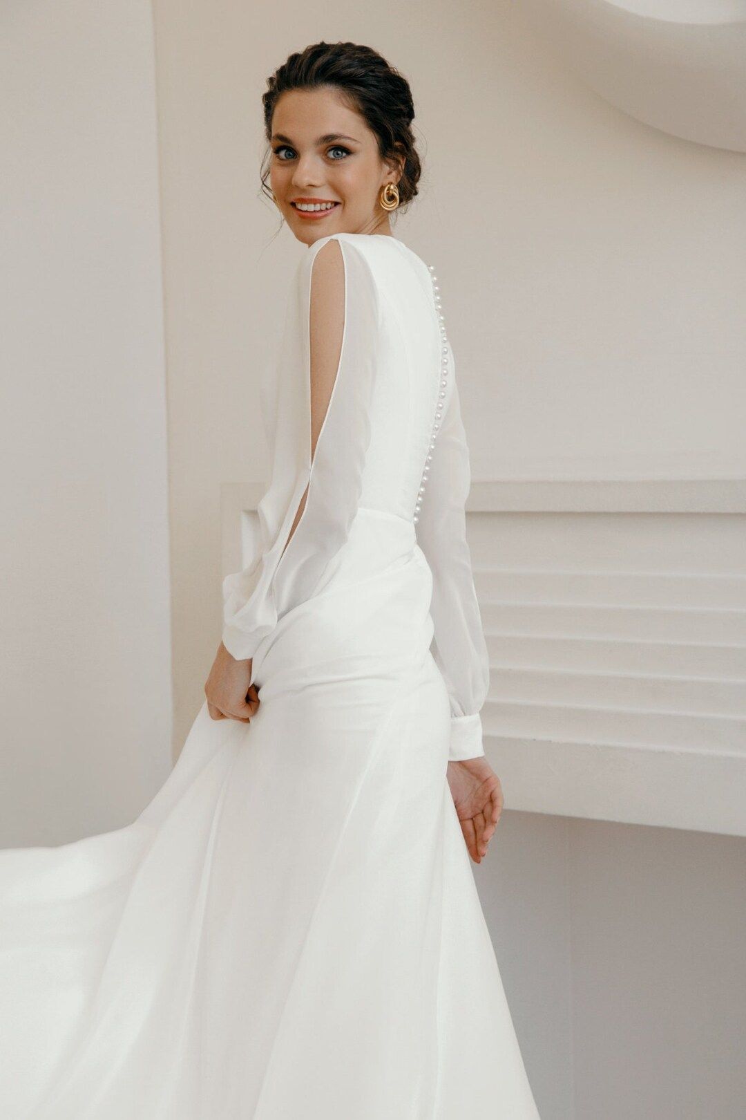 Chiffon Long Sleeve Wedding Dress Simple and Elegant Wedding - Etsy | Etsy (US)