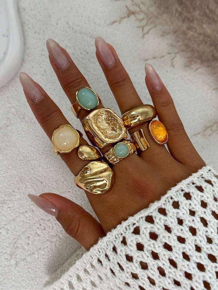 7pcs Set Lava Liquid Metal Asymmetrical Flow Or Hammered Texture Vintage Bohemian Style Rings, Su... | SHEIN