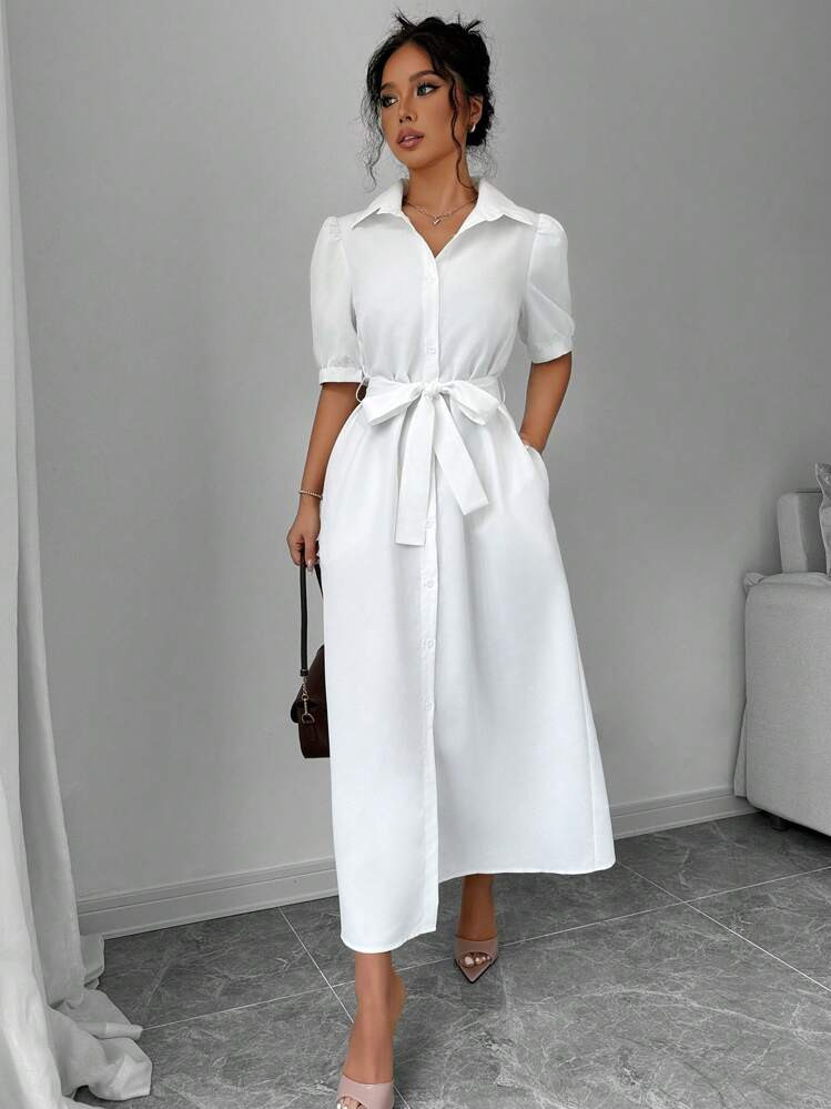 Elenzga Bow Tie Collar Short Sleeve A-Line Dress, Suitable For Spring/Summer And Valentine's Day | SHEIN