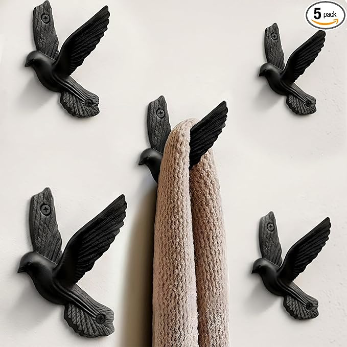 Ambipolar Flying Style Iron Cast Decorative Pigeon Bird Wall Mounted Coat Hooks, 5 Pieces, Black | Amazon (US)