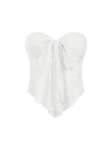 CIDER Summer Tube Tops for Women Floral Tie Front Cute Tops Sexy Going Out Tops Trendy Strapless Mesh Flowy Top Casual White | Amazon (US)