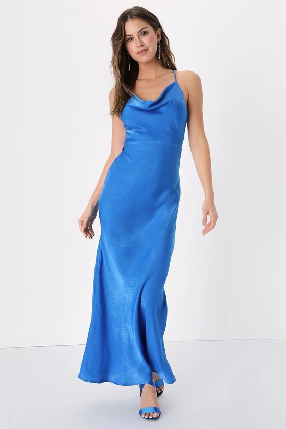 Exquisite Evening Blue Satin Cowl Neck Maxi Dress | Lulus (US)