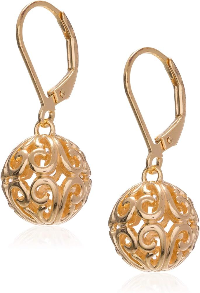 Amazon Collection 18k Yellow Gold Plated Sterling Silver Filigree Ball Leverback Dangle Earrings | Amazon (US)