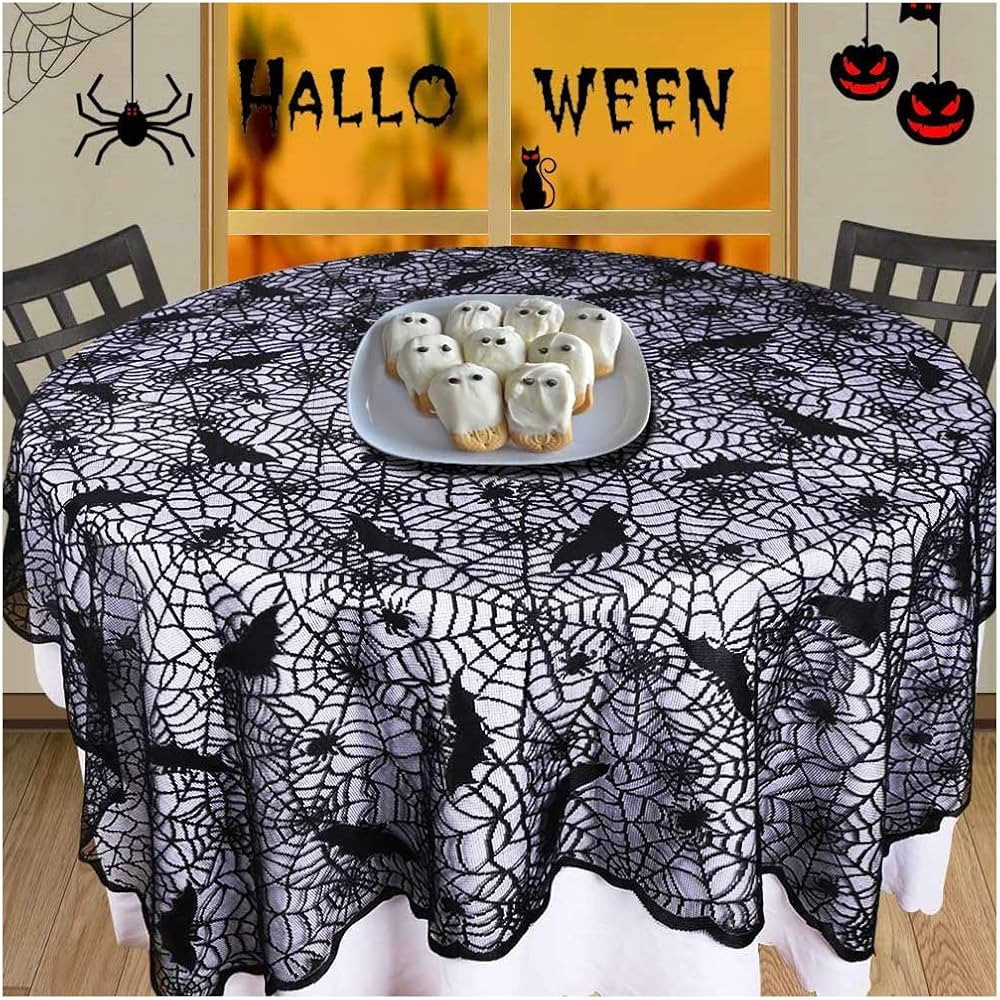 70-Inch Round Cobweb Table Topper, Halloween Bat Spider Web Tablecloth, Black Lace Bat Spiderweb ... | Amazon (US)