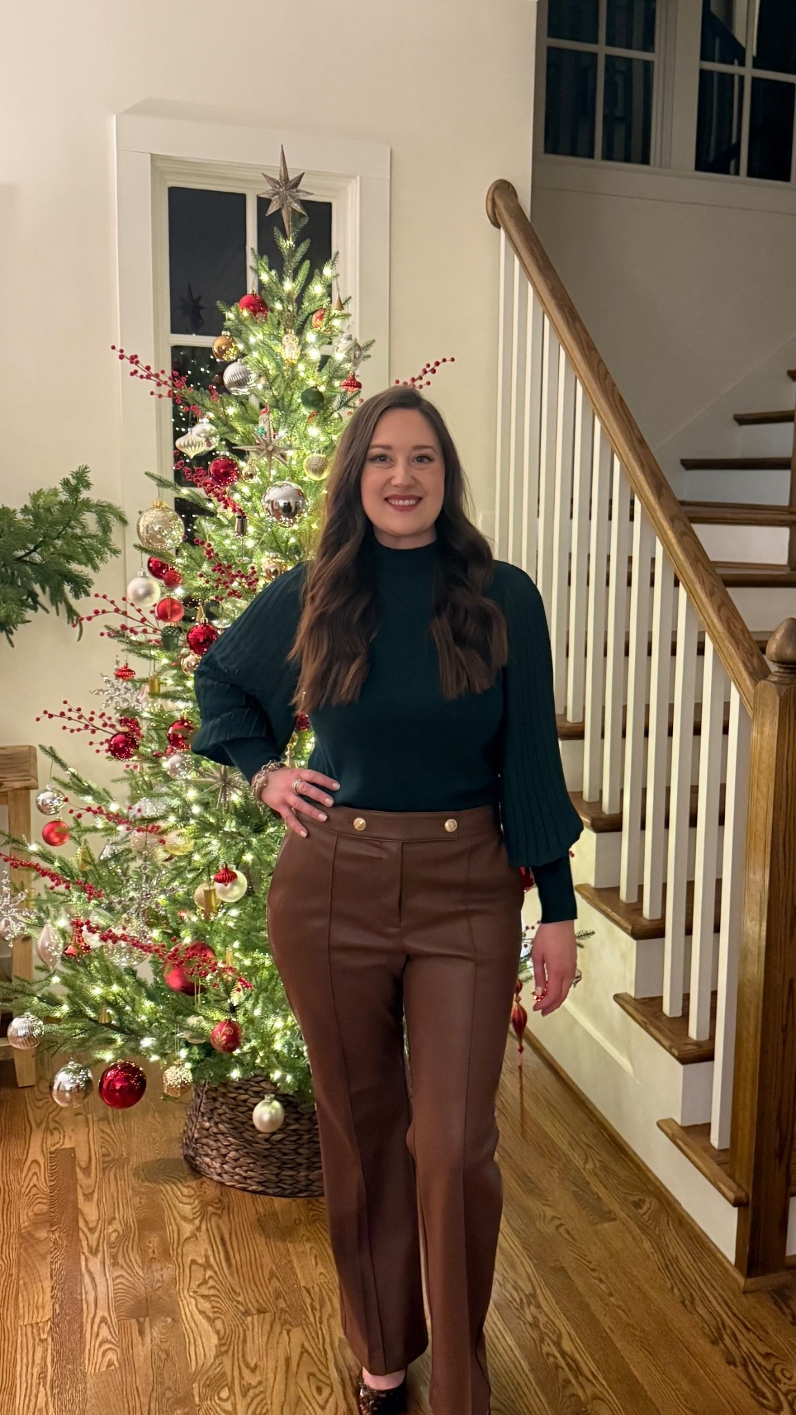 Holiday party, work Christmas party style, faux tan leather pants, Christmas sweater, balloon sleeve top 

#LTKOver40 #LTKSaleAlert #LTKHoliday