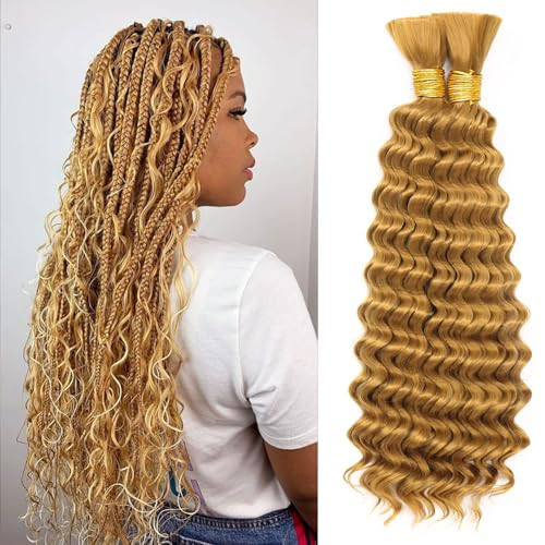 Blonde Deep Wave Bulk Hair for Braiding Curly Hair for Bohemian Knotless Braids Boho Braids Curs 2 Boundle 200g 20 Inch Boho Curl for Micro Braiding No Weft, Honey Blonde 27 | Amazon (US)