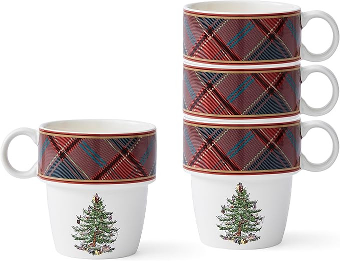 Spode Christmas Tree Tartan Stacking Mugs, Set of 4 – Festive Tartan Design Coffee Cups, 10oz E... | Amazon (US)