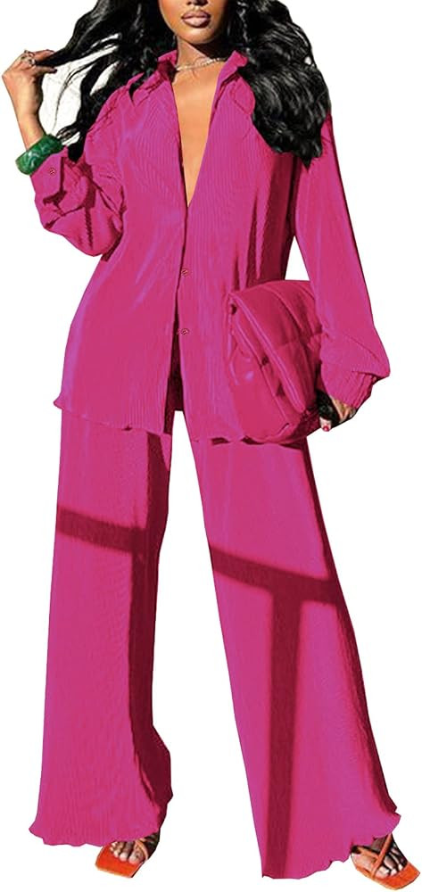 Neyaolk Women Pleated 2 Piece Pants Outfits Casual Loose Button Shirt Blouse Top Long Wide Leg Pa... | Amazon (US)