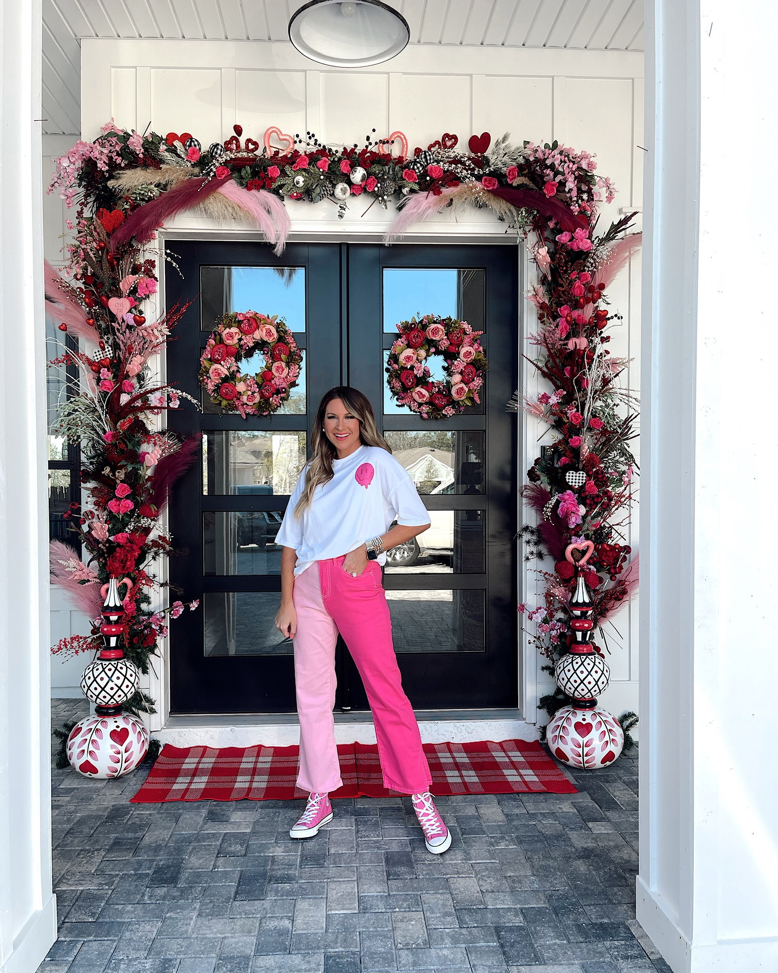 In a small graphic tee, medium colorblock wide leg jeans & pink high top sneakers for Valentines Day from Amazon - all fits TTS.

#LTKSeasonal #LTKunder50 #LTKstyletip