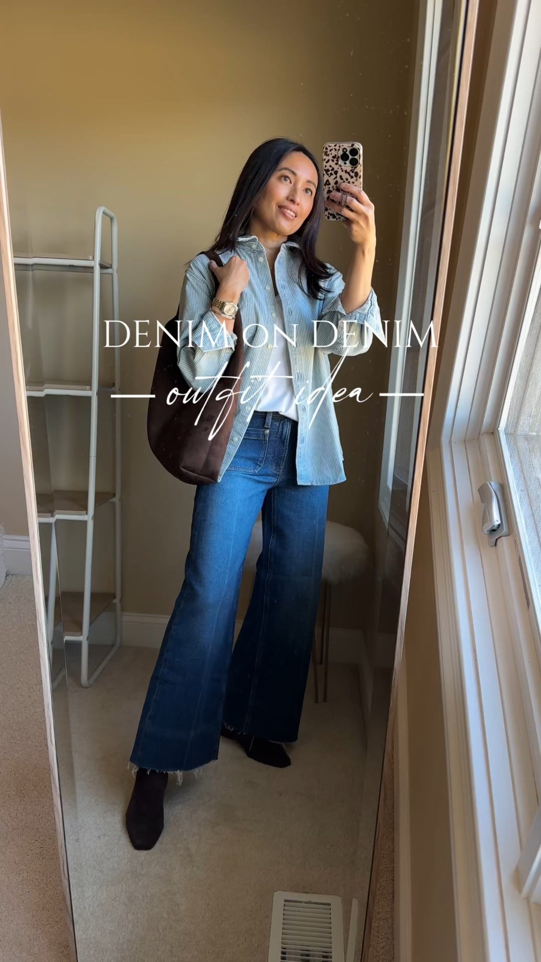 Denim on Denim outfit idea with classics from @gap #GapPartner 
Light denim shirt with dark denim jeans. Made a little more casual with a t-shirt underneath and denim shirt worn open like a jacket. Tote bag is done in faux suede and has a chic slouchy shape. 
Shirt, t-shirt, jeans, and bag are currently 50% off. 
- Exact shirt is done in their classic “Big Shirt” oversized cut and has classic railroad stripes. Material is substantial 100% cotton that functions like a jacket. 
True to size. 
- Exact t-shirt is also 100% cotton. 
True to size. 
- Exact jeans are high-rise wide-leg jeans are 99% cotton and 1% stretch. 
Showing true to size, but I could also size up  
- Exact bag is in shade chocolate cake brown. 


#LTKFindsUnder100 #LTKootd #LTKOver40