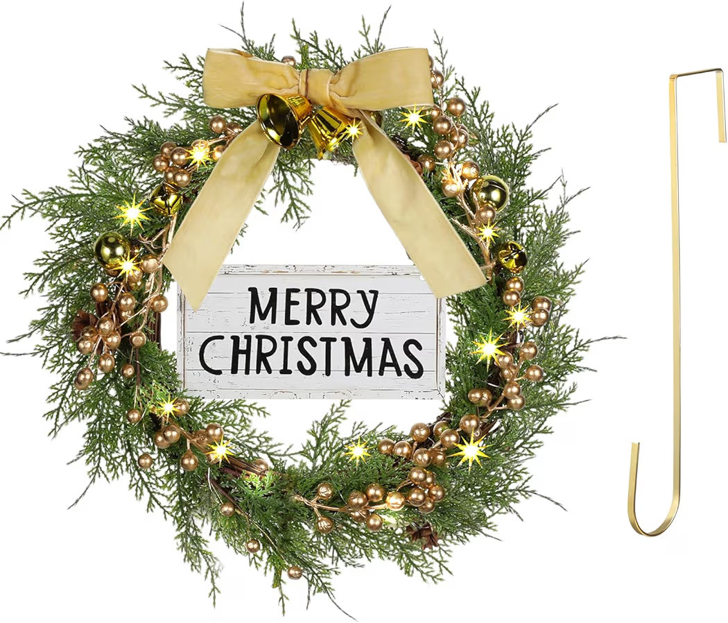 16'' Lighted Christmas Artificial Cedar Wreath for Front Door with Hanger Christmas Wreaths Faux ... | Amazon (US)