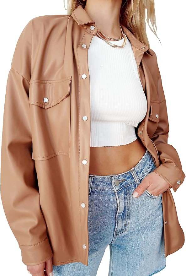 Womens Leather Shirt Jacket Lapel Button Up Pockets Solid Oversized Shacket Coat | Amazon (US)
