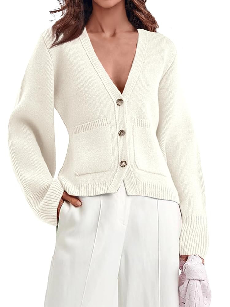 Saodimallsu Womens Deep V Neck Cardigan Sweaters Open Front Button Down Long Sleeve Cropped Knit ... | Amazon (US)