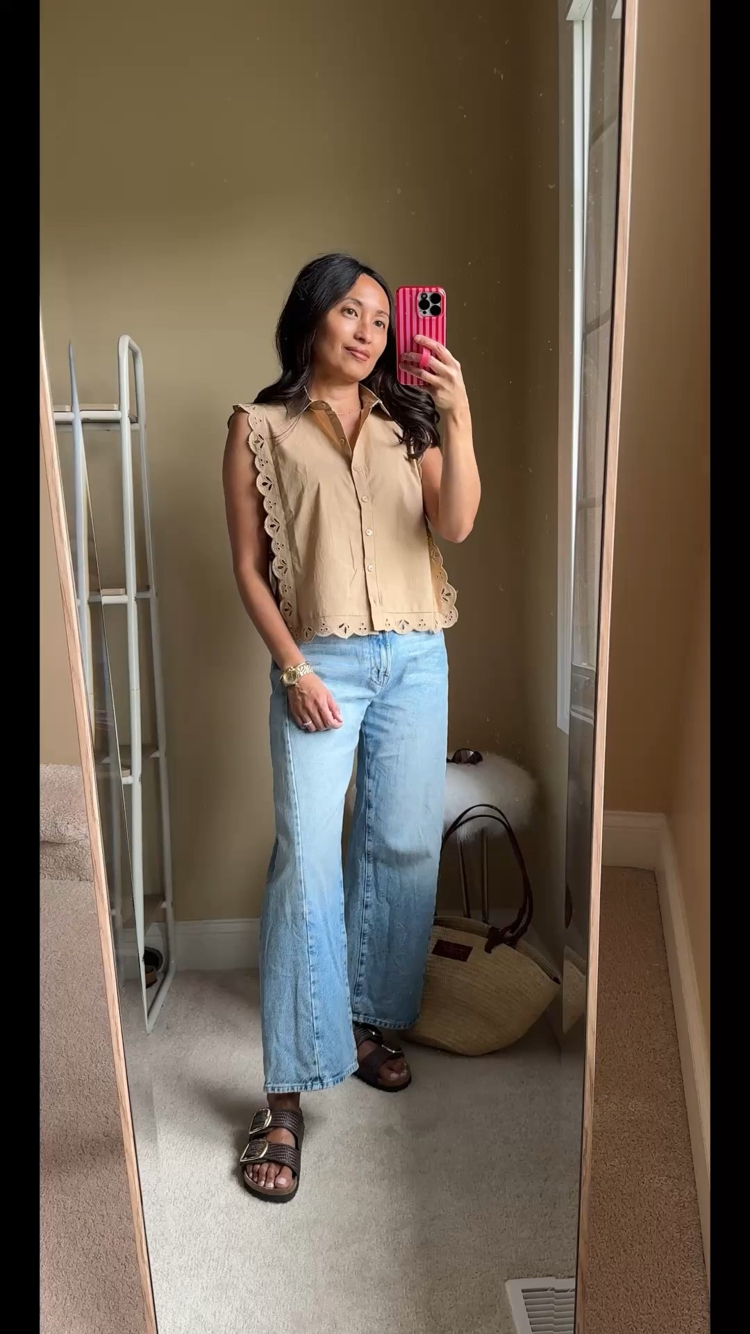 Spring outfits 2026. 
Easy, elevated casual outfit for Spring & Summer: cotton top, jeans, slide sandals, tote bag. 
- Exact top is eye-catching with the cut and detailing. Unique style to add to your wardrobe if you like cotton button up tops. Could dress up with tailored pants. Currently on sale 40% off; around $36.
- Barrel jeans in a light wash  
- Slide sandals elevate basic outfits with a beautiful raffia texture and gold buckles. They go with everything. 
- Woven tote bag is a classic for warmer months. 
- Sunglasses look chic and are good quality. 

#LTKOver40