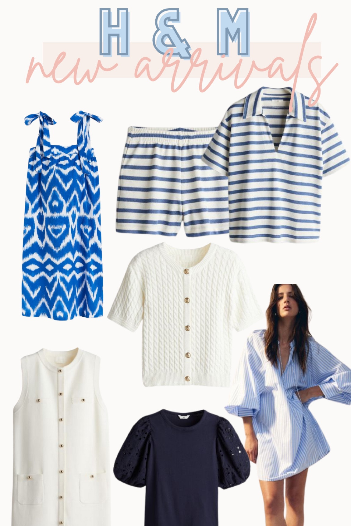 H & m new arrivals blue and white. Stripe terry cloth set, midi dress with bow ties, white tweed button down dress, stripe dress, navy puff sleeve top

#LTKStyleTip #LTKFindsUnder50 #LTKFindsUnder100