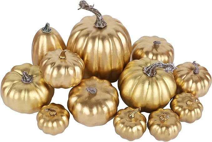 winemana 12 Pcs Assorted Size Artificial Pumpkins, Golden Pumpkins Halloween Fall Autumn Decor, D... | Amazon (US)