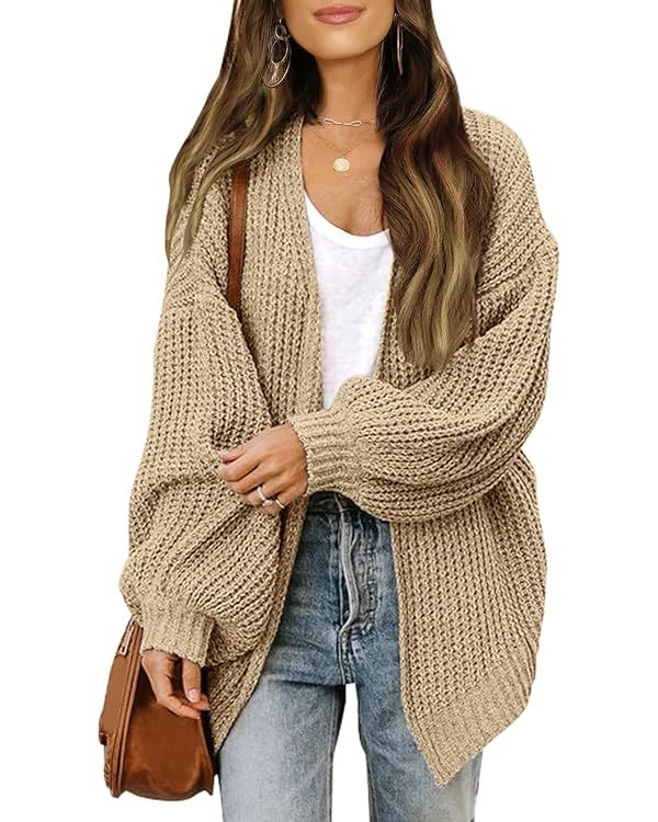 MEROKEETY Women's Open Front Long Lantern Sleeve Cardigan Oversized Chunky Outwear with Pocket | Amazon (US)