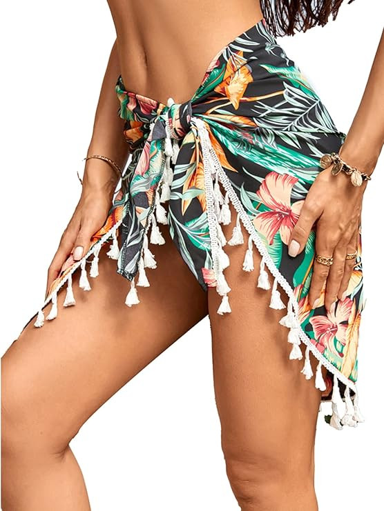 CUPSHE Women's Sarongs Wrap Skirt Tropical Print Tassel Tie Side Beach Cover Up | Amazon (US)