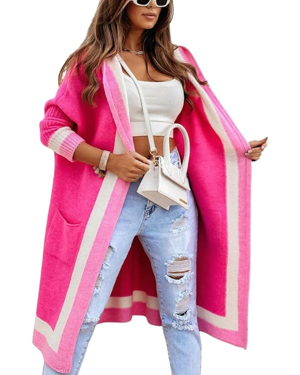 chouyatou Women's Color Block Vertical Striped Open Front Oversized Hooded Long Cardigan Sweaters... | Amazon (US)