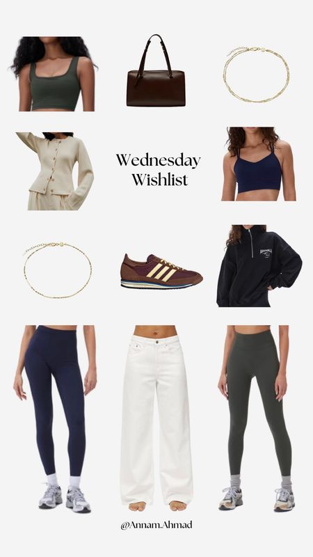 Wednesday Wishlist: Sports bra in navy and olive, square neck soft support, leggings, oversized funnel neck jumper, button up cardigan, gold double chain anklet, single chain, wide leg jeans, leather bowling bag

#LTKeurope #LTKSeasonal #LTKstyletip