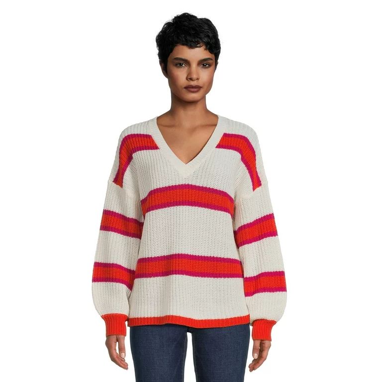 What's Next Women's V-Neck Shaker Stitch Striped Pullover Sweater, Sizes S-XL | Walmart (US)