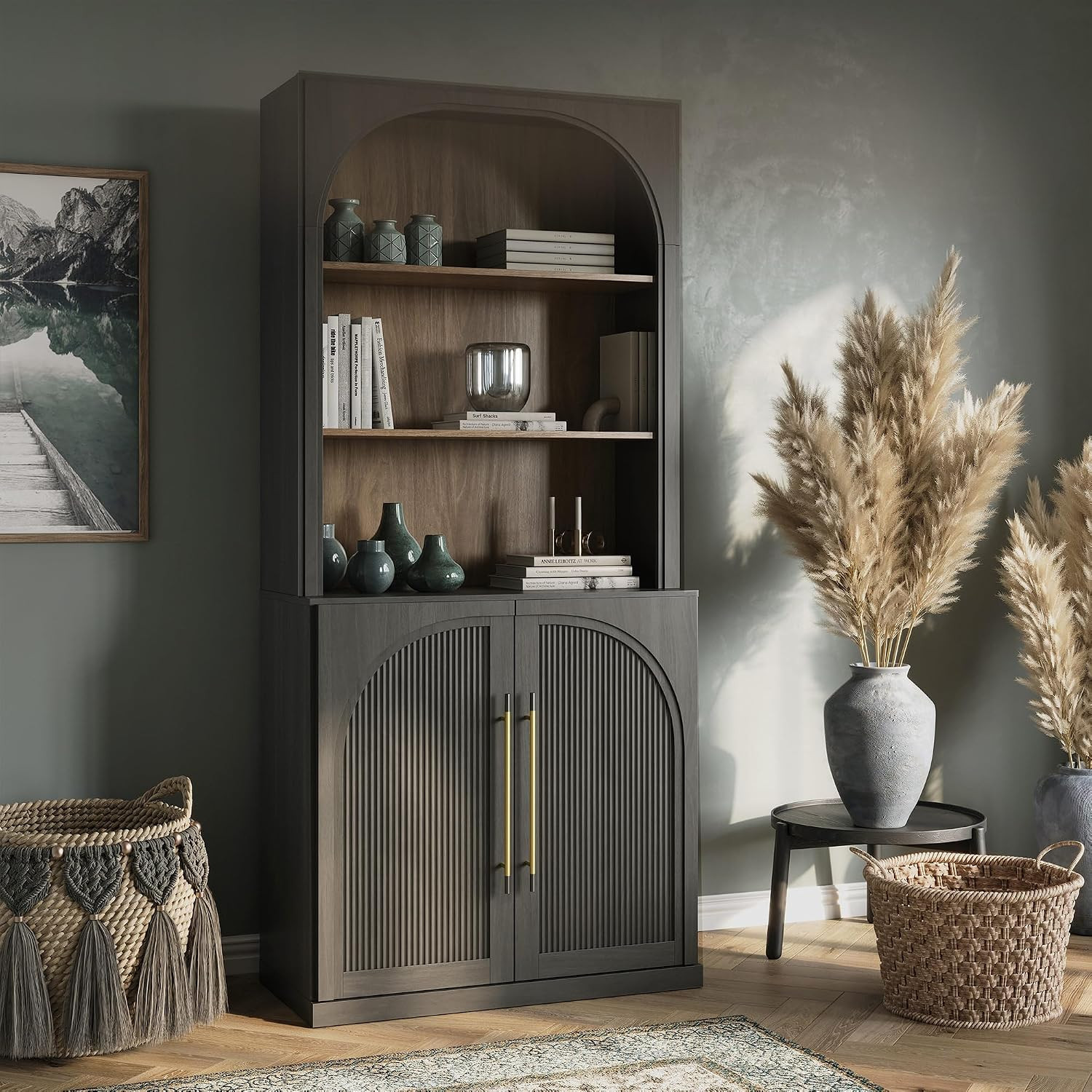 BELLEZE Tall Arched Storage Cabinet with Hutch,Modern Bookcase with Drawers,Freestanding Display Shelf with Fluted Design,Wood Highboard for Living Room,Kitchen Pantry,Home Office - Ebony | Amazon (US)