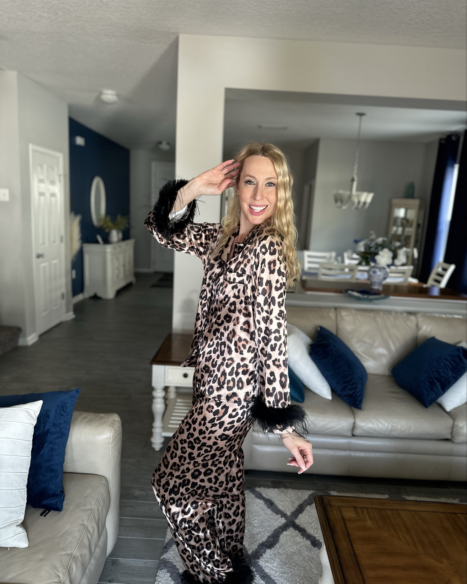 Satiny and luxe leopard pajamas 
💓these are cute and I love the feather sleeve details
💓it has stretch in the waist but the rest does not 
💓 wearing size small, fits true to size and I am 5’10”
💓 SHEIN fashion, SHEIN under $50 find

#LTKTall