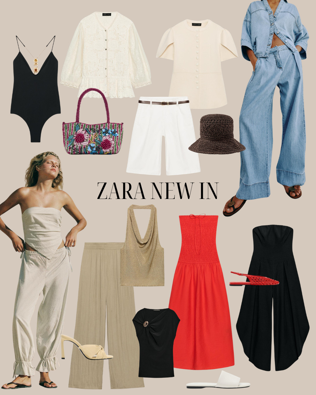 zara new in, zara fashion, summer fashion, holiday outfits, resortwear, neutral style, beige tones, monochrome outfit, black swimsuit, cream blouse, white shorts, denim co ord, chambray set, wide leg jeans, strapless top, red midi dress, black jumpsuit, metallic gold top, wide leg trousers, crochet hat, beaded bag, summer sandals, effortless style, elevated basics, capsule wardrobe, chic summer looks, vacation style, warm weather dressing, minimal outfit, statement accessories 

 #LTKsummer #LTKeurope #LTKtravel