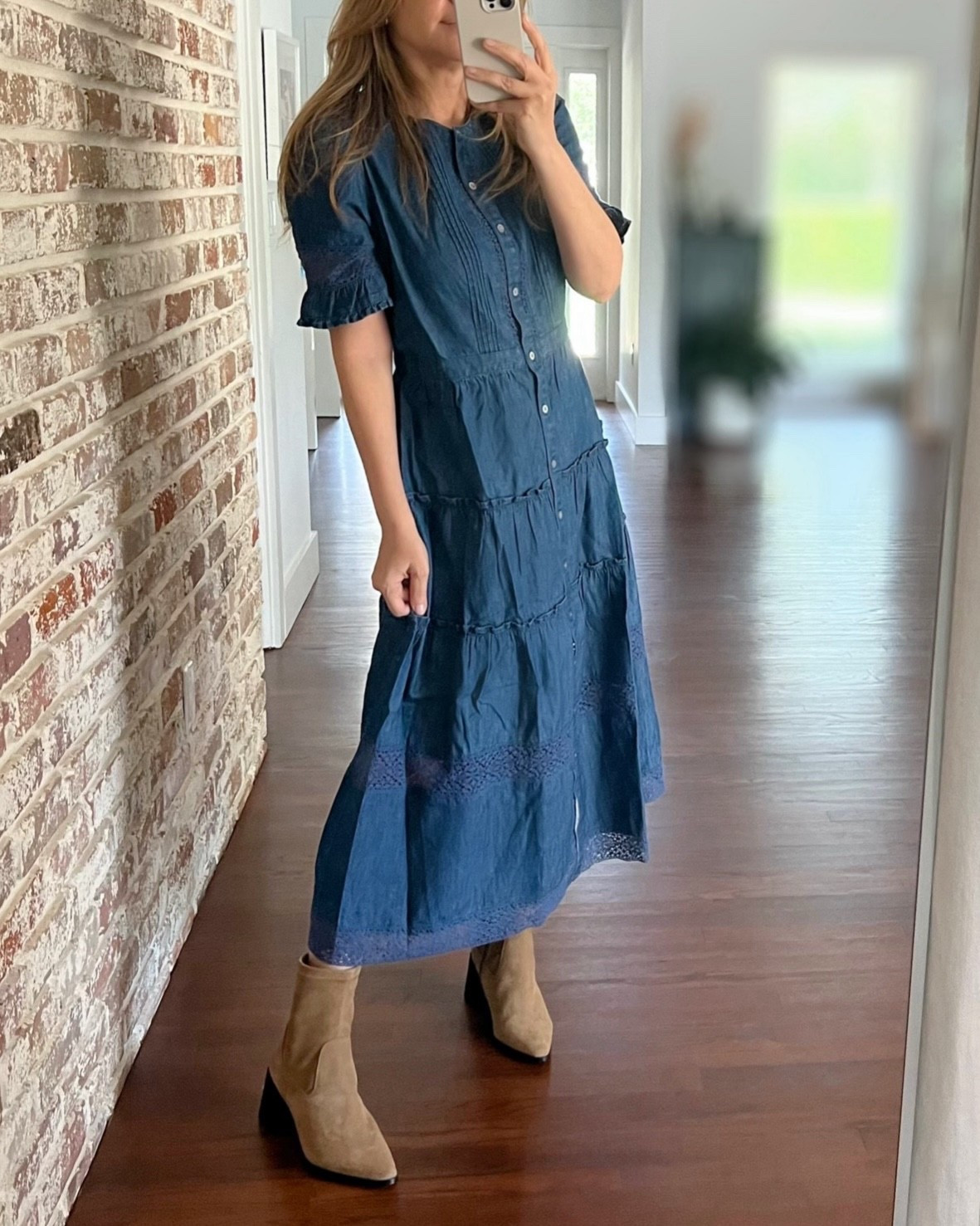 Transitional summer to fall outfit w two capsule pieces: tiered denim midi dress paired w tan suede ankle boots

#LTKootd #LTKSeasonal #LTKWorkwear