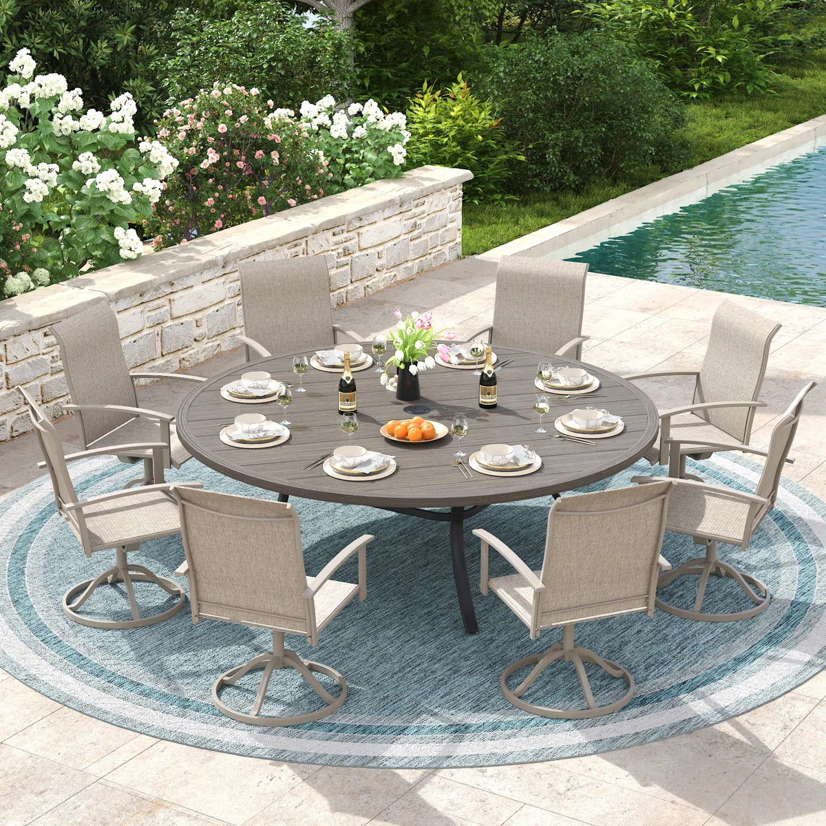 8-Person Round Patio Dining Set with 60" Round Dining Table and 8 Swivel PVC-coated polyester Cha... | Wayfair North America