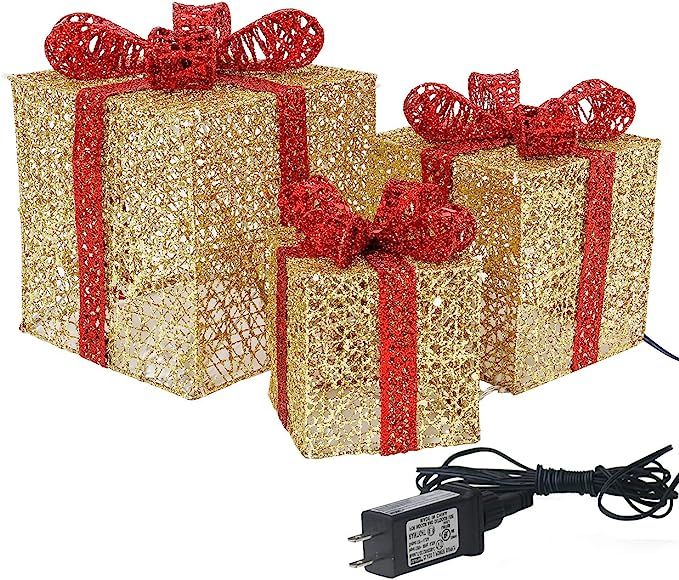 Sunnyglade 10”-8”-6” Set of 3 Christmas Lighted Gift Boxes with Plug for Christmas Decor, W... | Amazon (US)