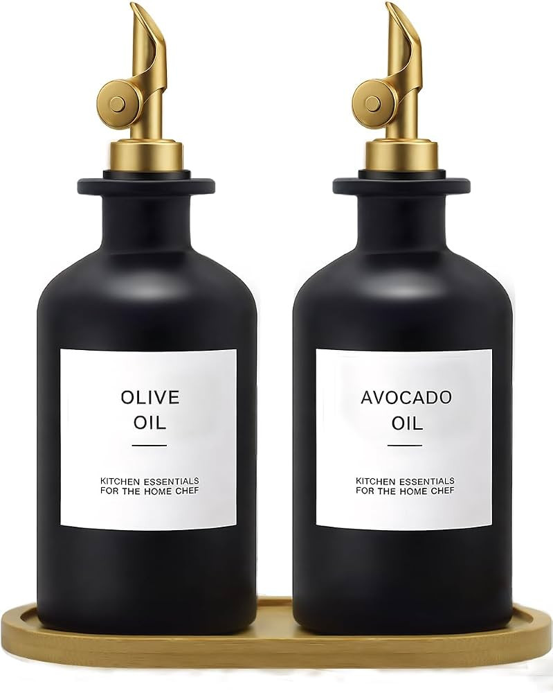 Olive Oil Dispenser Set, 2 x 11.8oz Black Glass Bottles with Auto-Flip Spouts & 2 Capped Spare Sp... | Amazon (US)