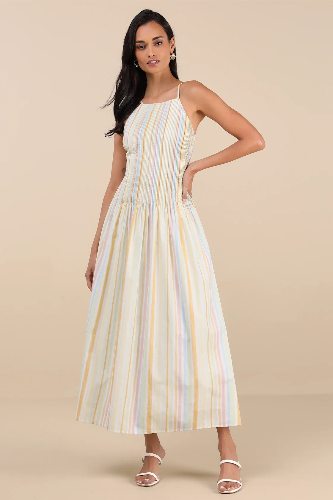 Jalessa Light Yellow Multi Striped Drop Waist Midi Dress | Lulus