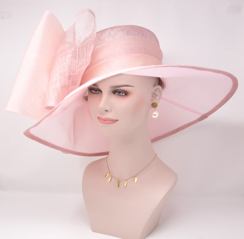 Dusty blush Pink Kentucky Derby Hat, Church Hat, Wedding Hat, Easter Hat, Tea Party Hat Wide Brim... | Etsy (US)