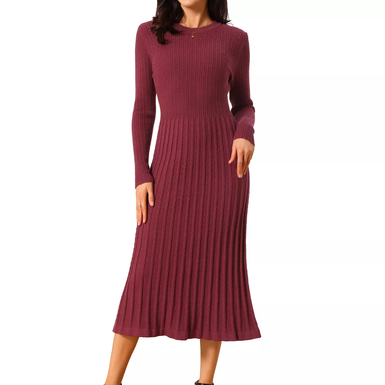 Women's Crewneck Sweater Dress Knit Long Sleeve Midi Ribbed A-Line Dress | Kohl's