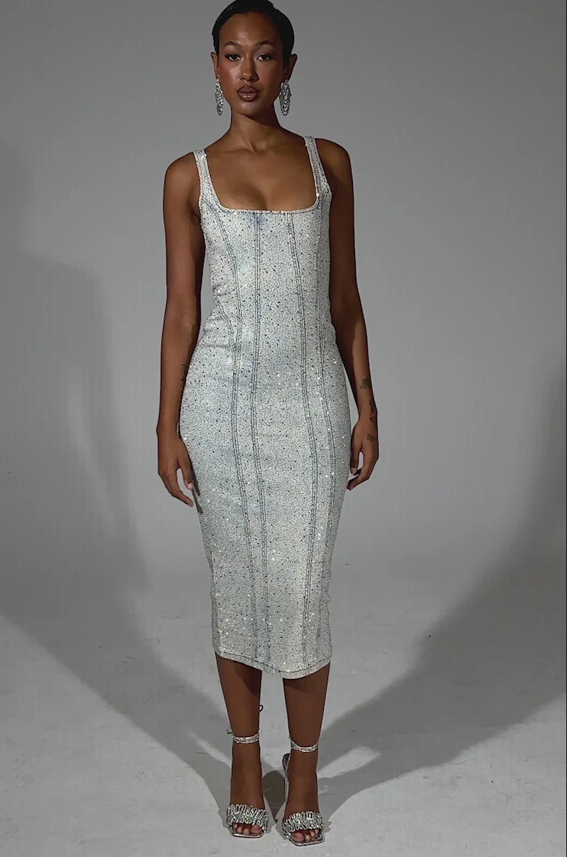 AFTER HOURS RHINESTONE MIDI DRESS IN LIGHT BLUE DENIM | AKIRA