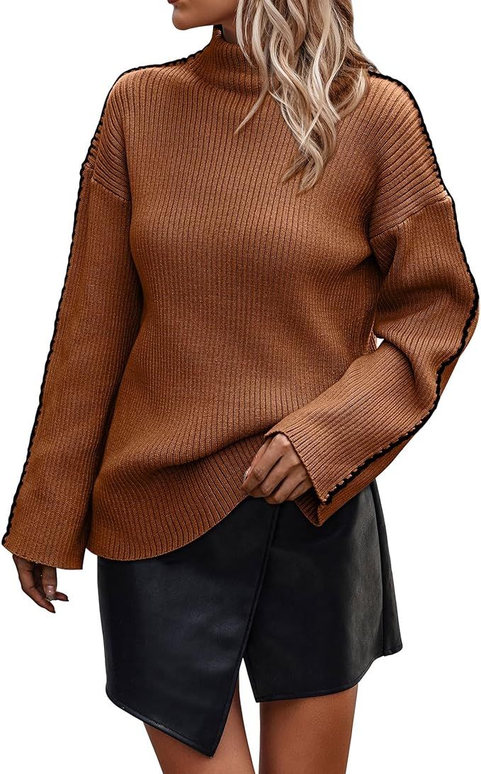 KIRUNDO Women's 2023 Fall Mock Neck Long Sleeve Ribbed Knit Contrast Stitching Oversized Chunky S... | Amazon (US)