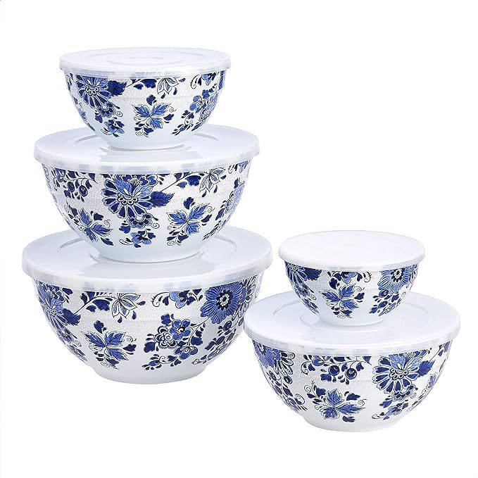 Amazon Basics 10-Piece Mixing Bowl Set with Lids - Non-Slip Base, Blue and White Floral | Amazon (US)