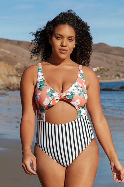 Floral and Striped Cutout Knotted Plus Size One Piece Swimsuit | Cupshe