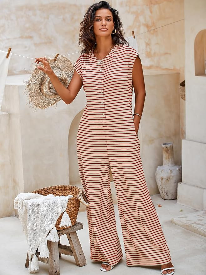 Cicy Bell Womens Casual Striped Jumpsuits Summer Cap Sleeve Wide Leg Jumper Romper Button Down Tr... | Amazon (US)