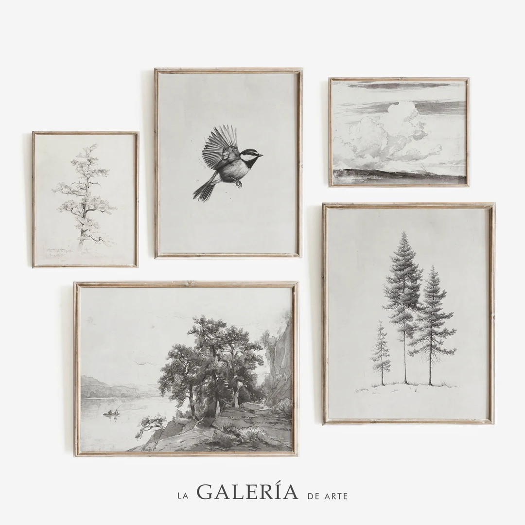 Vintage Sketch Gallery Wall Set  |  Neutral Gallery Wall Prints | Light Art Print Set | Set of 5 | Etsy (US)