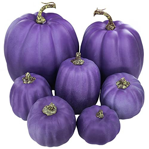 Winlyn 7 Pcs Assorted Sizes Purple Artificial Pumpkins and Gourds Decorative Halloween Pumpkins Foam Pumpkins for Gifts Chic Halloween Thanksgiving Fall Wedding Table Centerpiece Mantel Shelf Décor | Amazon (US)